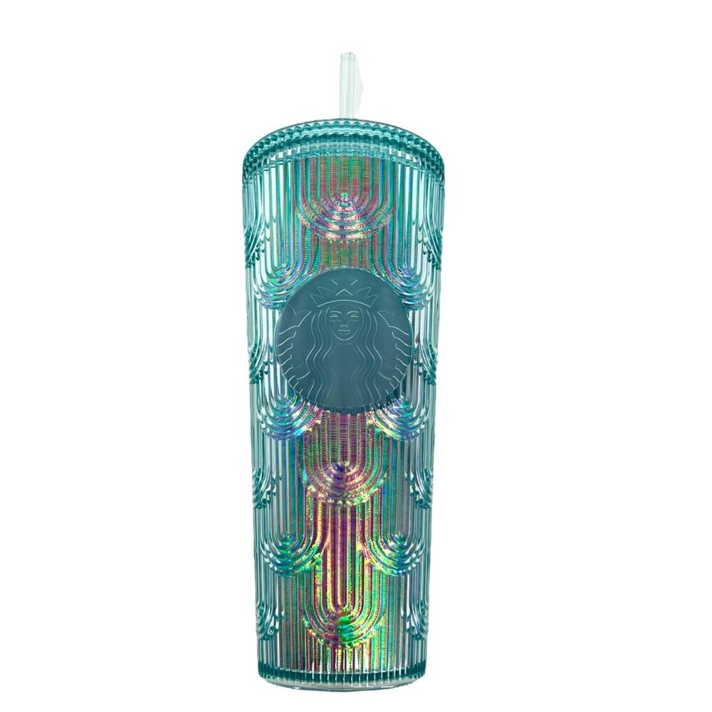 Starbucks Iridescent Blue Green Mermaid Tumbler With Straw Cold Cup 24 oz NWT